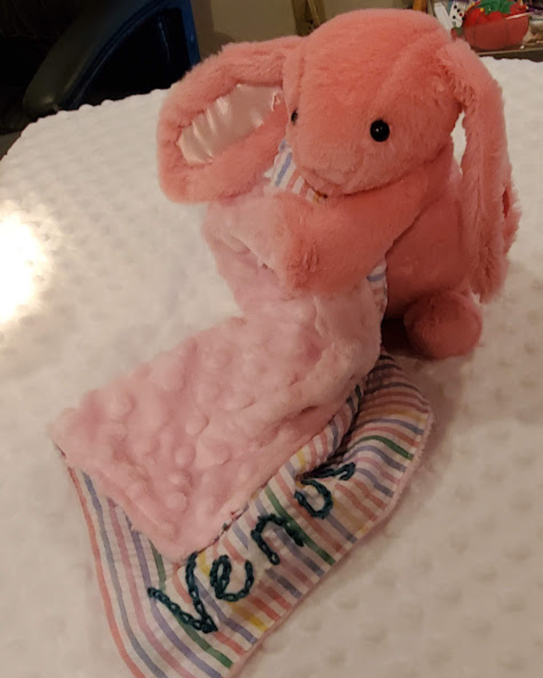 Handmade Bunny Lovey Blankie – Custom Heirloom Security Blanket with Plushie