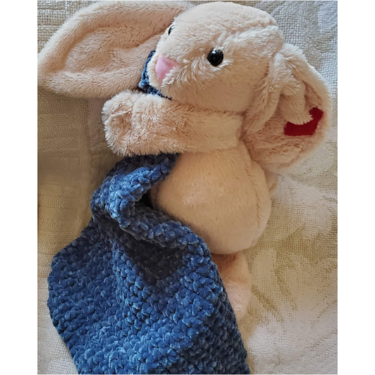 Handmade Bunny Lovey Blankie – Dark Blue Velvet Security Blanket with Plushie 💖 Description