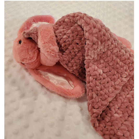 Handmade Bunny Lovey Blankie – Pink Velvet Security Blanket with Plushie