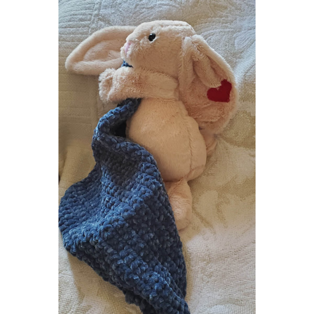 Handmade Bunny Lovey Blankie – Dark Blue Velvet Security Blanket with Plushie  💖 Description