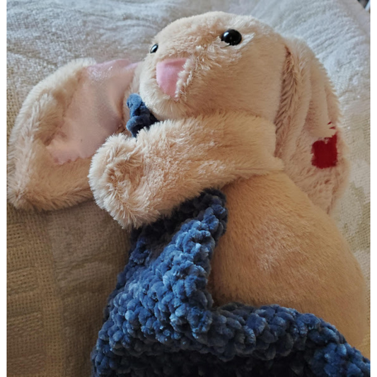Handmade Bunny Lovey Blankie – Dark Blue Velvet Security Blanket with Plushie  💖 Description