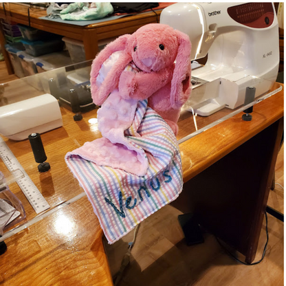Handmade Bunny Lovey Blankie – Pink Fur-Look Security Blanket with Plushie