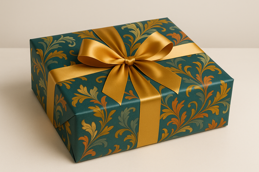 Professional product photo of gift wrapping services featuring teals, creams, golds, and amber colors